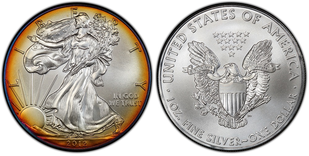 2012 American Silver Eagle dollar coin obverse showing Walking Liberty design and reverse heraldic eagle