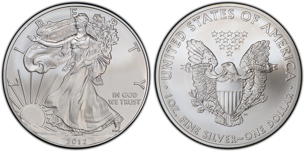 Side-by-side comparison of 2012 Silver Eagle MS69 (left) versus MS70 (right) showing surface difference