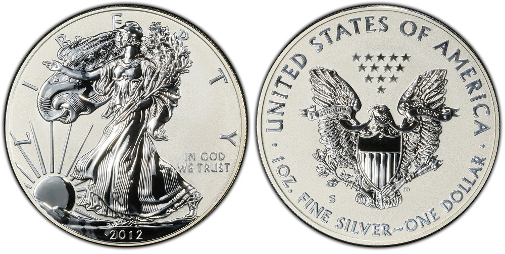 2012-S Reverse Proof Silver Eagle showing frosted mirror background and polished design elements