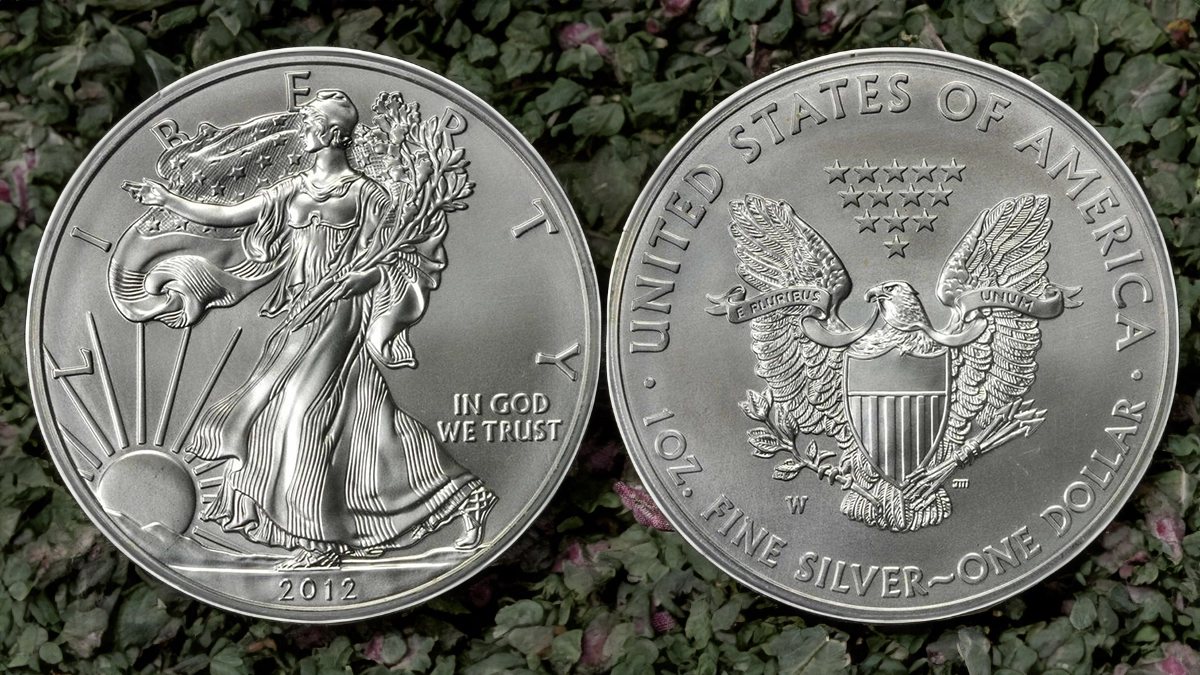 All five 2012 American Silver Eagle varieties arranged showing bullion, burnished, W proof, S proof and reverse proof issues