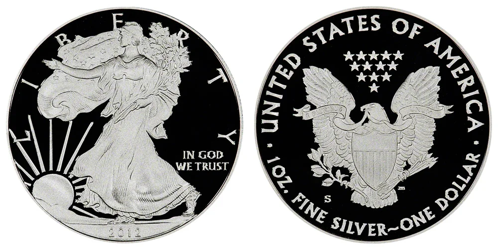 2012 Silver Eagle grading strip showing MS67, MS68, MS69 and MS70 condition tiers side by side